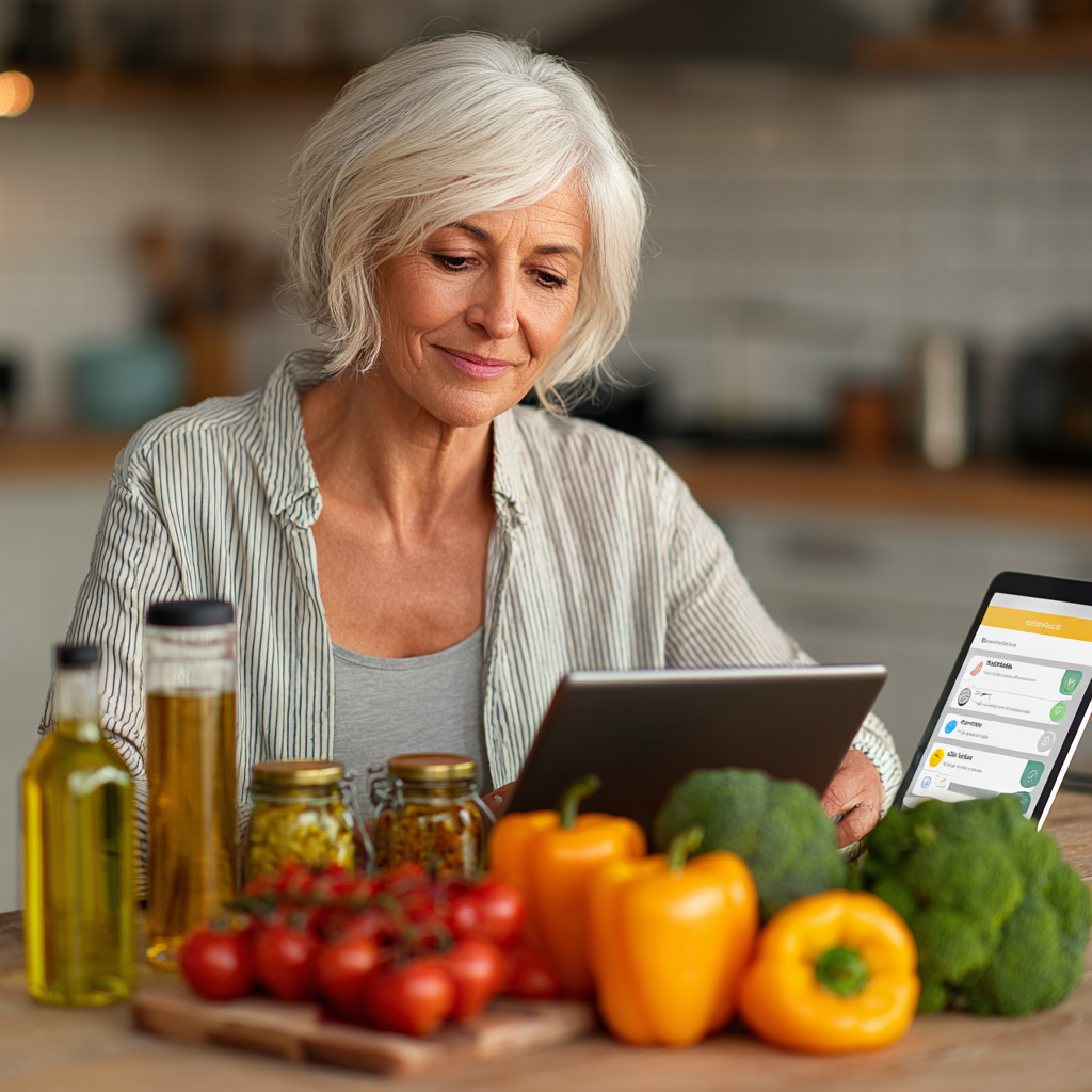 Жінка 52 років з планшетом переглядає персоналізоване меню в додатку jenkorvash, сидячи за столом з корисними продуктами