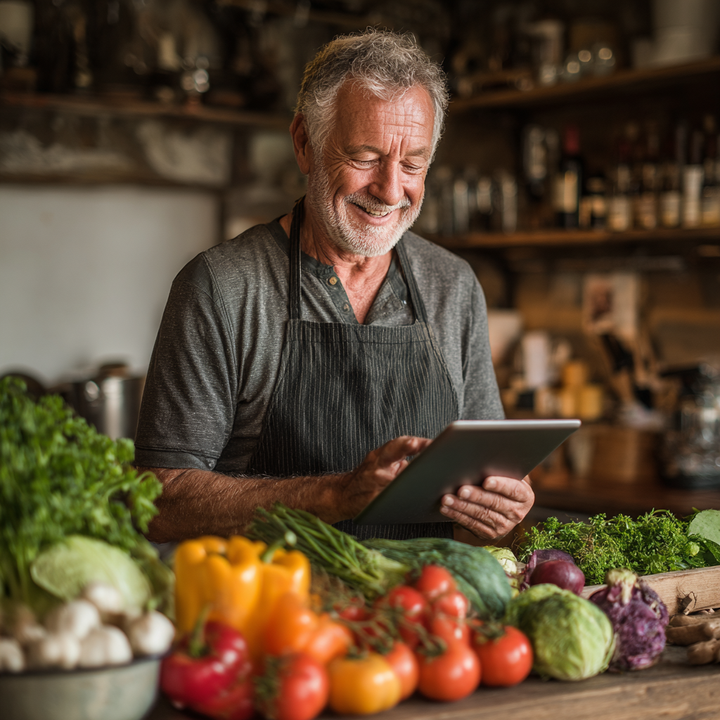 Чоловік 60 років із усмішкою готує здорову їжу за рецептом з планшета jenkorvash