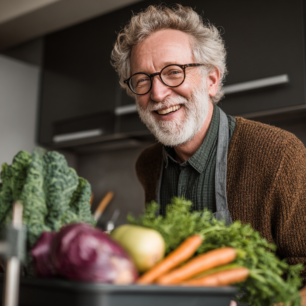 Чоловік 58 років готує здорову їжу на кухні, усміхаючись та тримаючи свіжі овочі