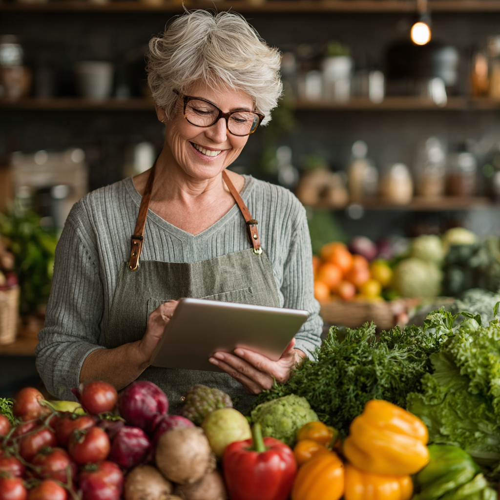 Усміхнена жінка 55 років тримає планшет з додатком jenkorvash, на кухні з свіжими овочами та фруктами